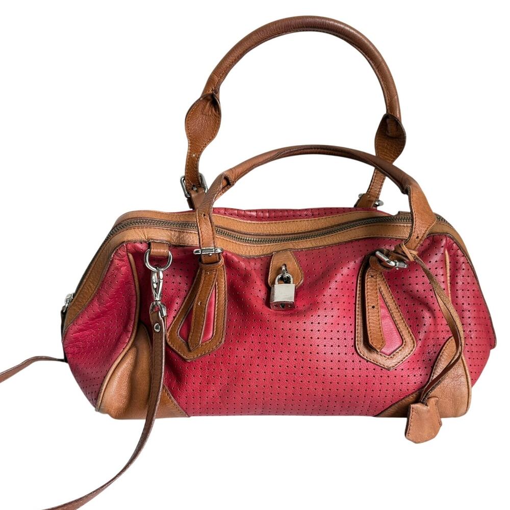 Vtg Sundance Perforated Leather Satchel Shoulder Bag Made in Italy Red & Tan Y2K